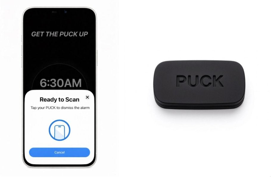 PUCK alarm device with iPhone showing Get The PUCK Up screen
