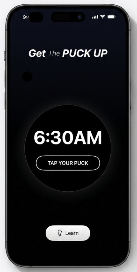 PUCK app alarm screen with Tap Your PUCK button