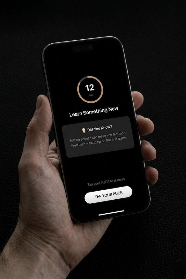 Hand holding phone displaying PUCK Learn feature