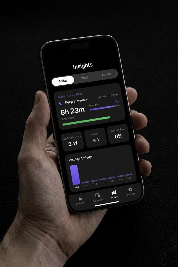 PUCK app Insights screen with sleep summary and weekly activity