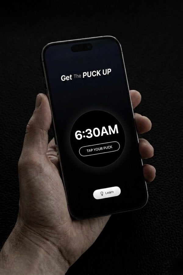 Hand holding phone showing PUCK alarm screen with Tap Your PUCK button